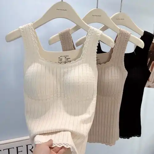 羽绒纱蕾丝保暖背心女冬宽肩方领磨绒固定杯胸垫内衣亲肤打底上衣