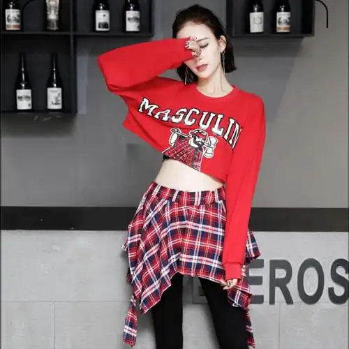 学生嘻哈街舞服装韩版爵士舞服装女宽松露脐上衣啦啦队舞台演出服