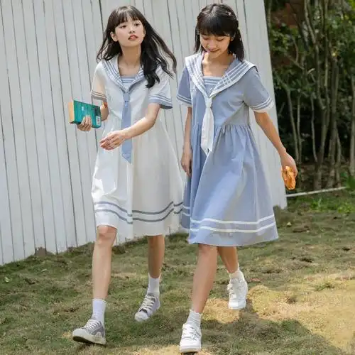 海军风连衣裙女宽松夏季新款中学生少女水手服女生闺蜜装夏天裙子