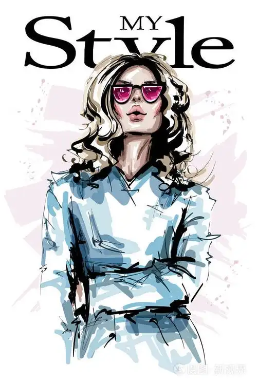 戴墨镜的手绘美女.时尚优雅的金发女孩.时尚女人的样子.素描.