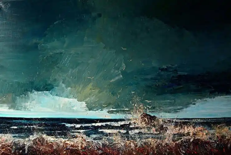 波兰画家 justyna kopania 的油画作品,忧郁的海景,调色刀厚涂的天空