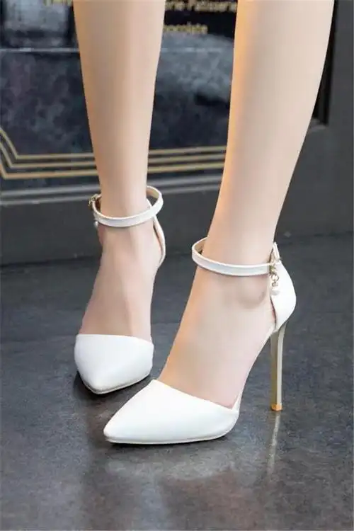 白色超高跟鞋女2021春细跟尖头鞋大码48-50漆皮一字扣单鞋小码31