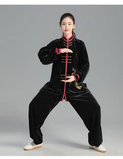 拳练功服女中老年人南韩绒加厚武术太极服套装新款户外晨练服装黑色l