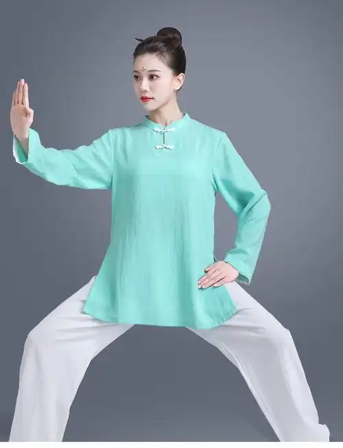 山人运动太极服女棉麻武术服表演服太极拳服装中老年练功服薄荷绿xl