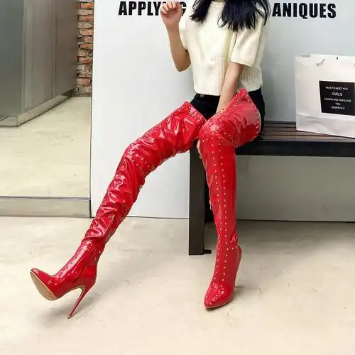 秋冬新款细跟红色白色漆皮超长过膝长靴大腿靴时尚高跟鞋钢管舞靴