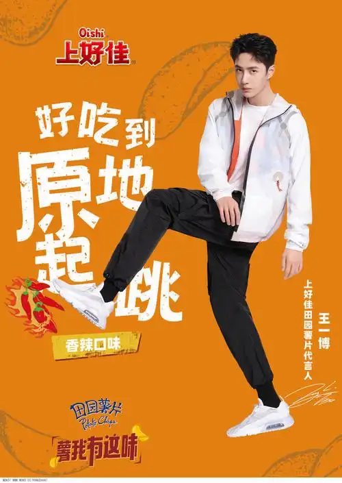 上好佳田园薯片代言人王一博海报橙色