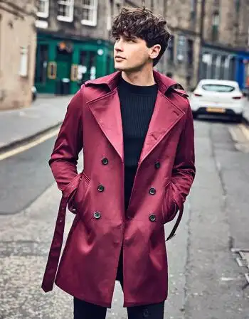 翻领大衣 春秋薄款英伦复古双排扣中长款披风男风衣外套 酒红色 175