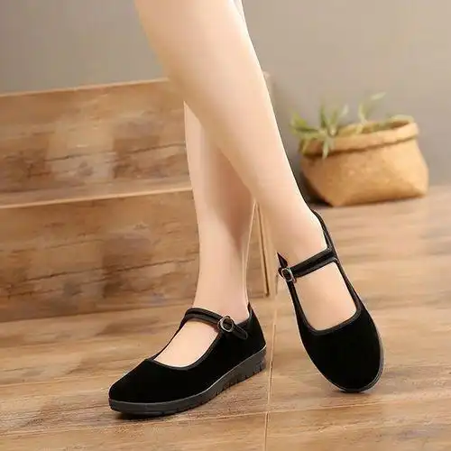 诗言海浪牛筋底布鞋一字带妈妈鞋广场舞蹈鞋黑色工作鞋平跟老北京布鞋