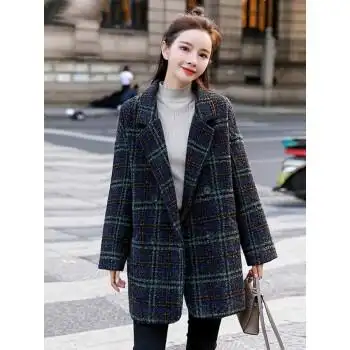 女装韩版时尚呢子大衣中长款加厚夹棉宽松小个子格子毛呢外套女咖啡色
