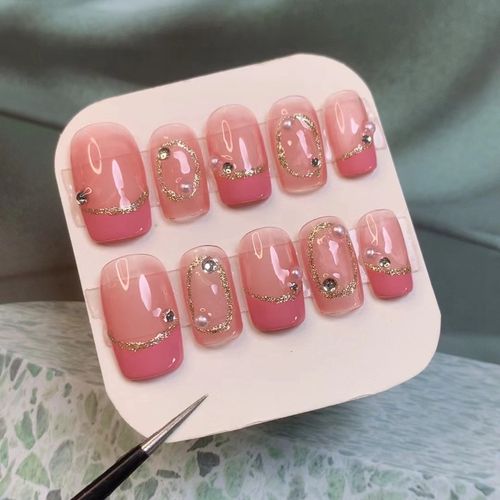 粉红珍珠钻手工穿戴甲成品 法式日常可拆卸美甲 仙女宝妈假指甲