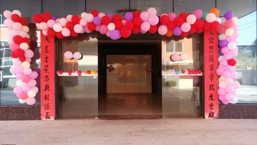 公司办公楼大门四周挂满了五颜六色的气球,一派喜气洋洋