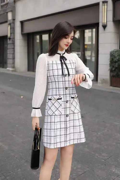 新款千鸟格修身连衣裙显瘦立领格子拼接纱袖中长款琴菲儿2021春季