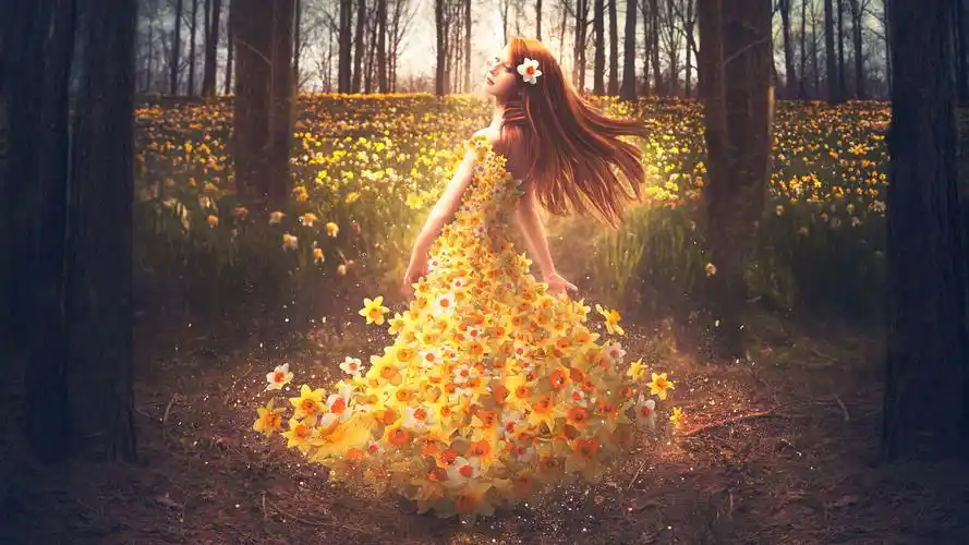 森林女孩鲜花水仙花花海好看唯美意境壁纸