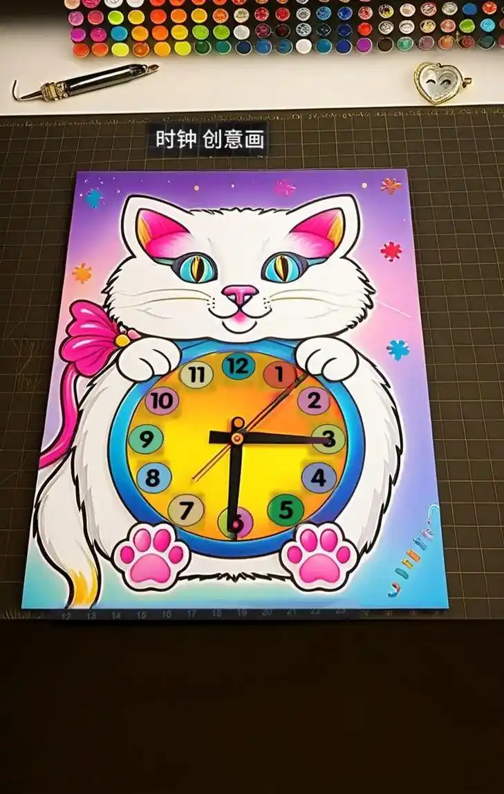 这是一幅超可爱的喵咪时钟创意画!
