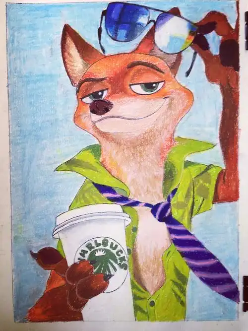 疯狂动物城尼克蜡笔画期末作业