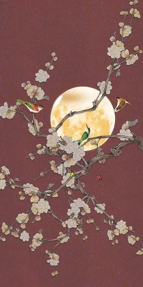 a04553(t39)玄关3新中式花鸟白梅花枝画眉鸟月亮
