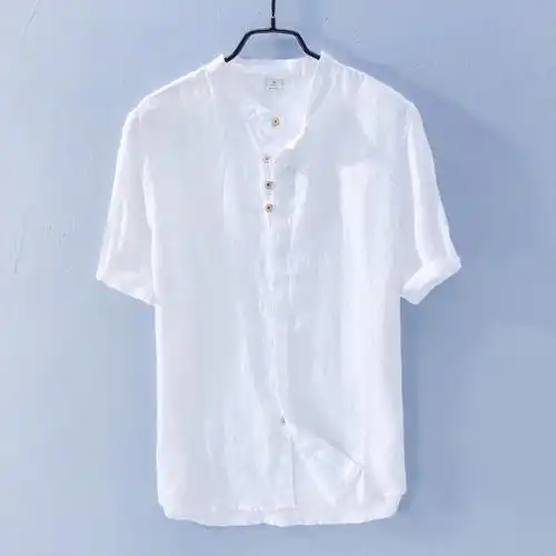 小清新短袖纯亚麻衬衫男士夏季简约白色半袖衬衣男宽松棉麻寸衫潮