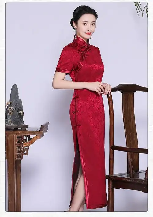 真丝旗袍高端喜婆婆婚宴改良祺袍红色长款红颜年会走秀版连衣裙中式