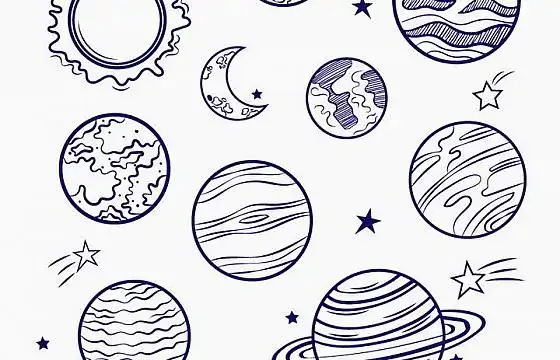 圆珠笔手绘风格太阳系八大行星天文科普图片免抠素材