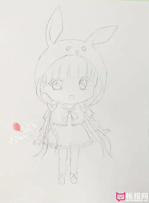 超可爱的人物简笔画教程戴着兔子帽子的小女孩