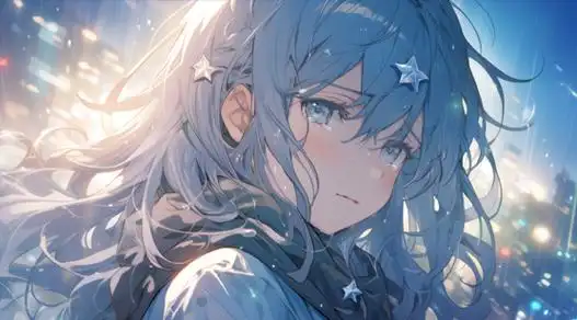 哭泣的动漫少女,凝视,看着你蓝色的头发,动漫ai少女侧颜桌面壁纸图片