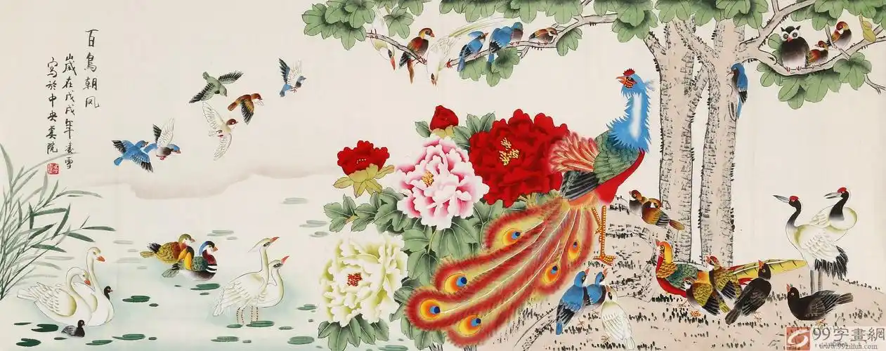 凌雪 小六尺吉祥工笔花鸟画《百鸟朝凤》 - 花鸟画 - 99字画网