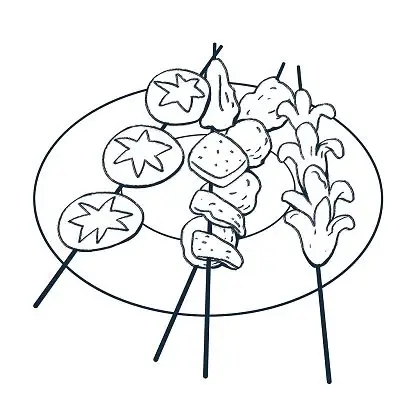 卡通手绘描边线稿盘子里的烧烤串烧烤元素