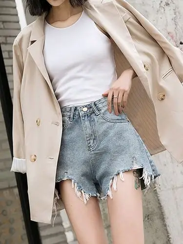 短裤夏女新款不规则破洞毛边流苏a字裤森系港味百搭牛仔学生热裤
