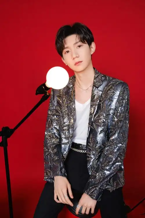 王源湖南卫视跨年演唱会造型图银色钉珠亮片西装定格闪耀瞬间