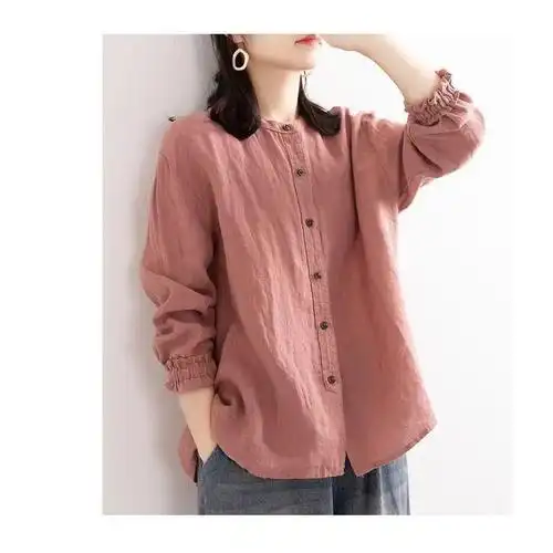 文艺复古棉麻衬衫女秋装新款宽松圆领长袖外套休闲亚麻开衫上衣女桃色