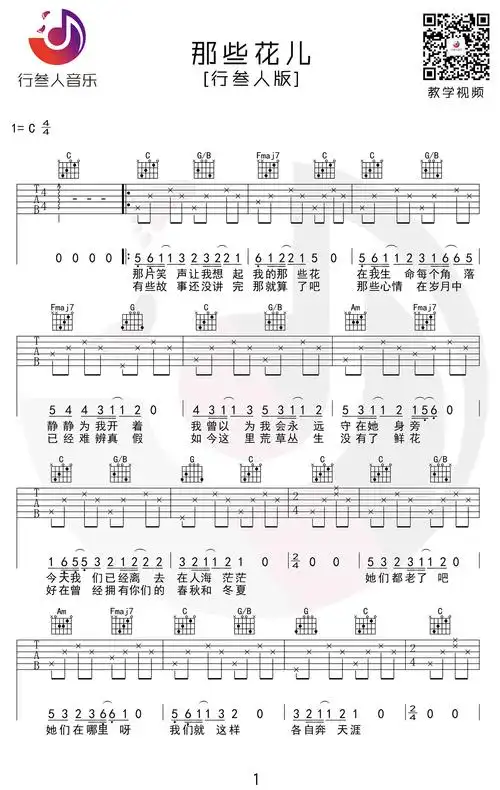 朴树《那些花儿》吉他谱_c调简单版_入门弹唱谱-舒家吉他谱网