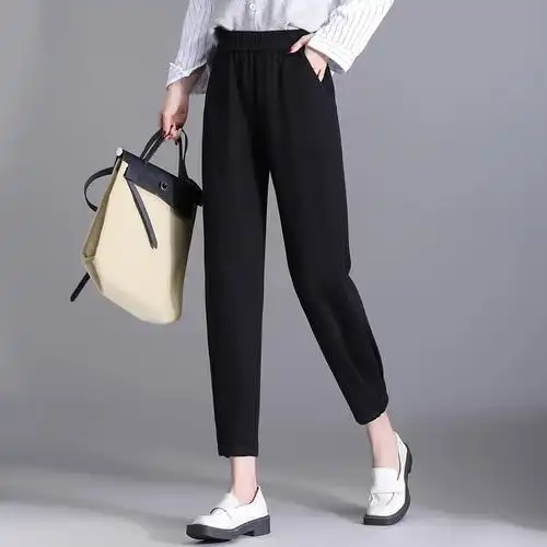 舒适弹力空气棉松紧腰高腰显瘦九分哈伦裤春季新款女休闲裤长裤