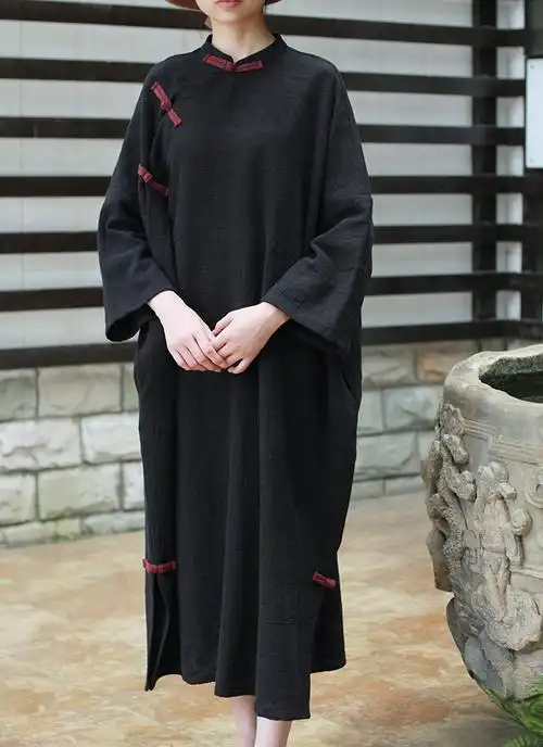 秋装 苎麻中式盘扣粗麻袍子禅意复古宽松连衣裙长裙大码190701
