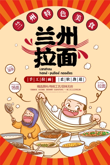 手绘复古风兰州拉面海报