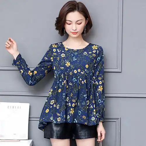 春装新款大码女装长袖印花雪纺衫宽松遮肚打底衫中长款上衣潮优惠券