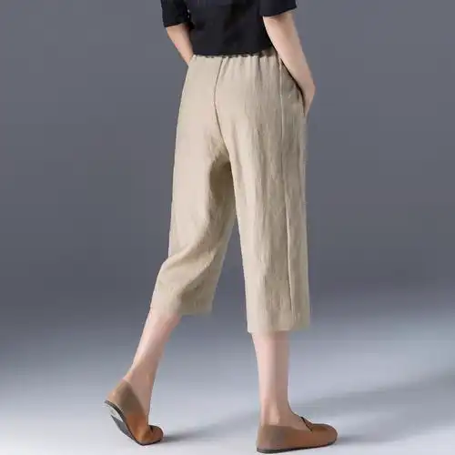 女裤棉麻卡其色休闲宽松大码夏季亚麻直筒夏薄款休闲裤