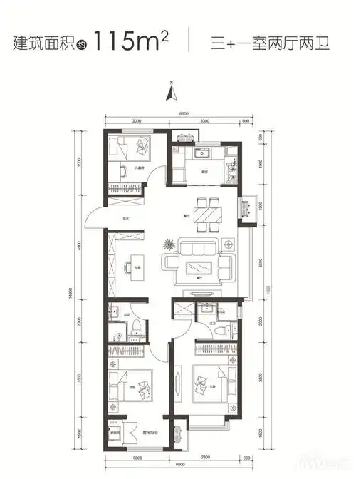 太原保利悦公馆三室两厅两卫115㎡户型图_首付金额_3室2厅2卫_115.