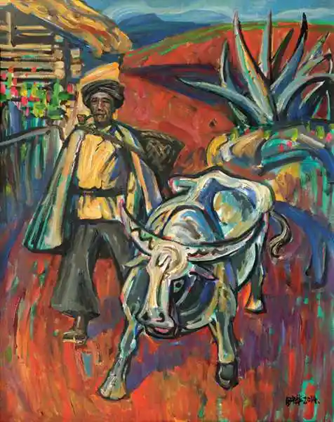 姚钟华 《赶牛的彝族老汉》布面油画 100×80cm 2014年