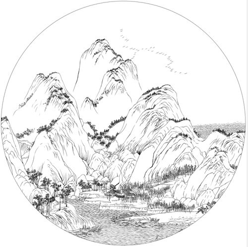 工笔画底稿北宋王希孟千里江山图高清局部团扇白描打印稿有步骤图