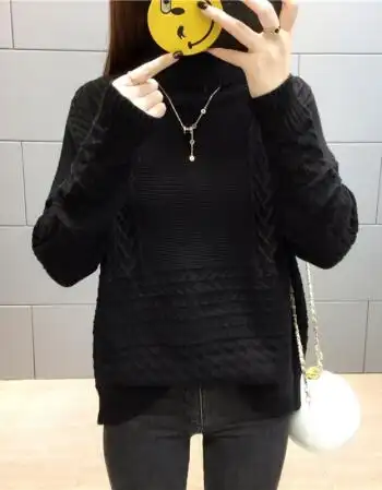 韩版新款纯色麻花加厚高领毛衣女中学生宽松套头打底针织衫潮 黑色 s