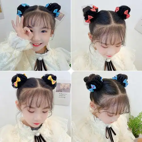 中国风儿童假发丸子头发饰古装汉服新年头饰甜美可爱蝴蝶结发圈女