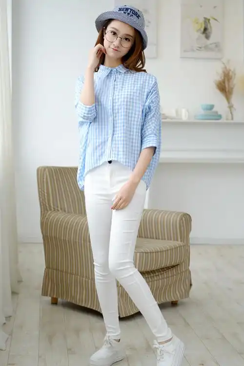 清新文艺范蝙蝠袖格子衬衫