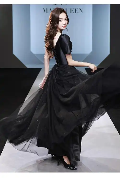 黑色晚礼服裙2022新款春夏季宴会修身优雅气质艺考纱裙女年会礼服