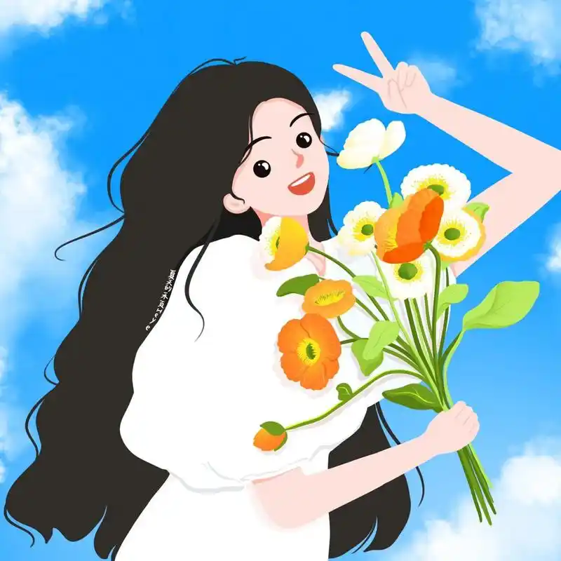 插画头像 | 捧花比耶的可爱女生 花花系列 1~ 背景多种配色供大家选择