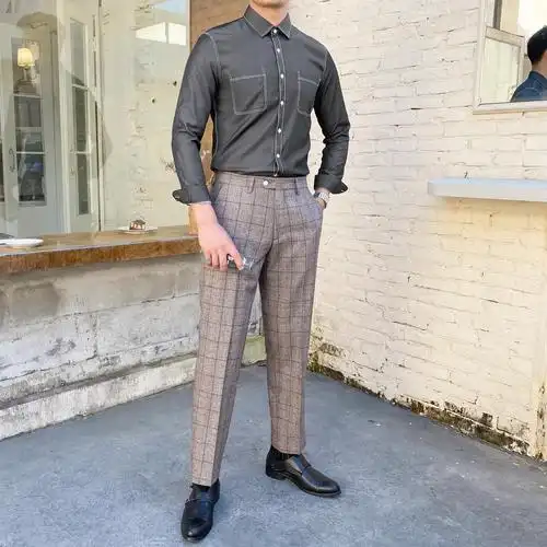花呢裤子男韩版潮流帅气百搭格子西装裤直筒宽松西裤