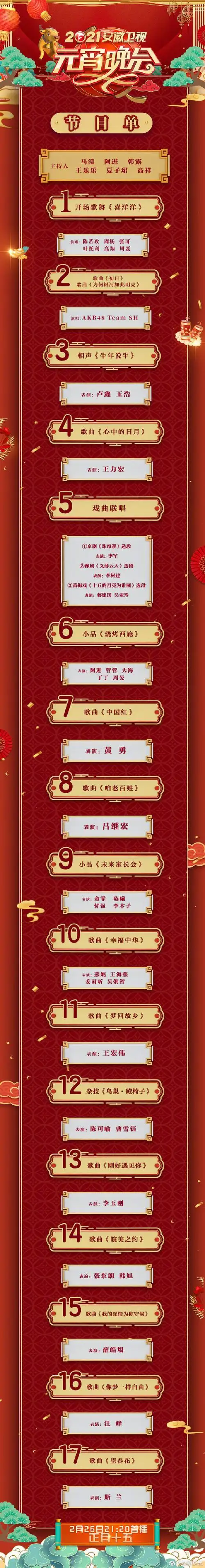 2021年安徽卫视元宵晚会节目单 直播时间几点几分开始