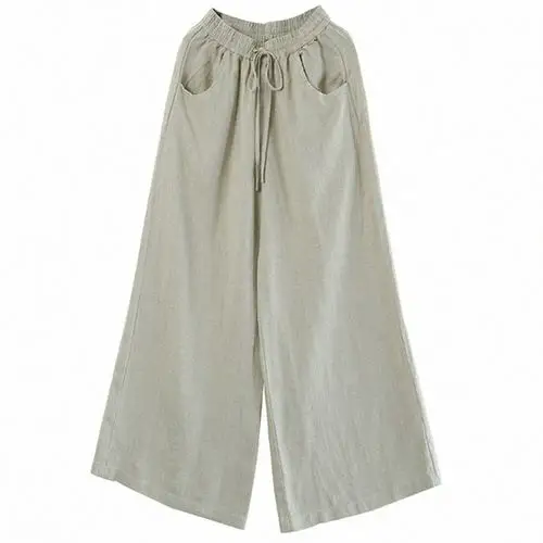 夏季复古文艺棉麻女裤宽松显瘦阔腿裤高腰休闲大码白色亚麻长裤子