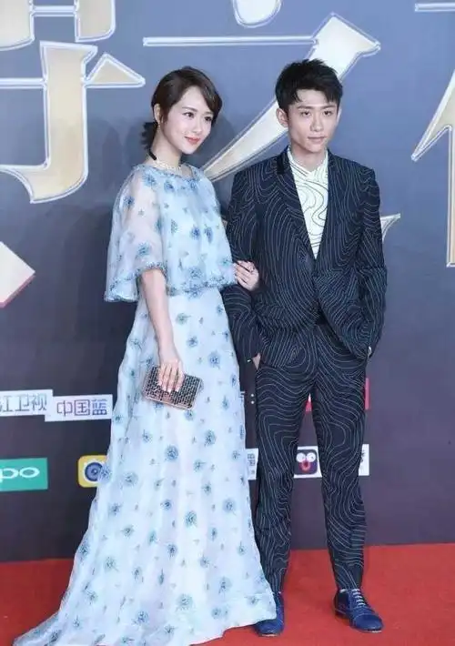 杨紫张一山合体走红毯穿印花连衣裙优雅大气两人般配像情侣