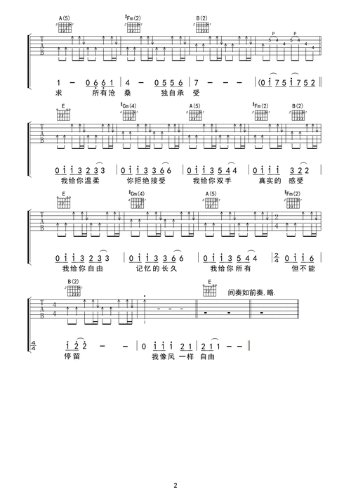 许巍像风一样自由吉他谱六线谱华彩高清版
