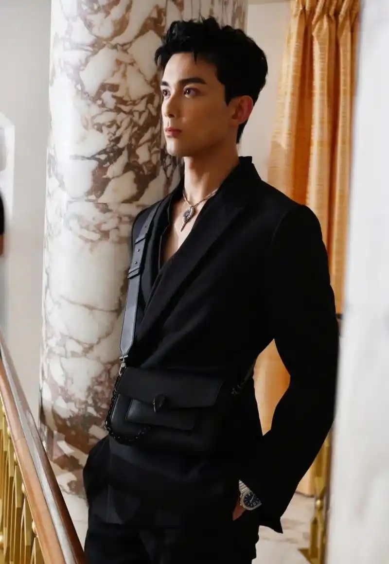 吴磊|巴黎宝格丽活动造型图,黑色深v西装搭配宝格丽蛇系列项链,非常